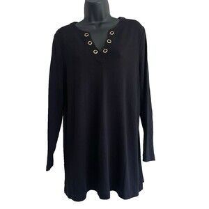 Chico's Womens Blouse 2 Size Large Shirt Top Black Tunic Travel Stretch Rivets